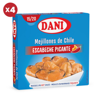 Mexilhões 15-20 em escabeche picantes 111g x Pack 4 u.