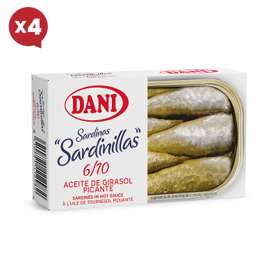 Petites sardines 6-10 à l'huile de tournesol épicée 90g x Pack 4 u.